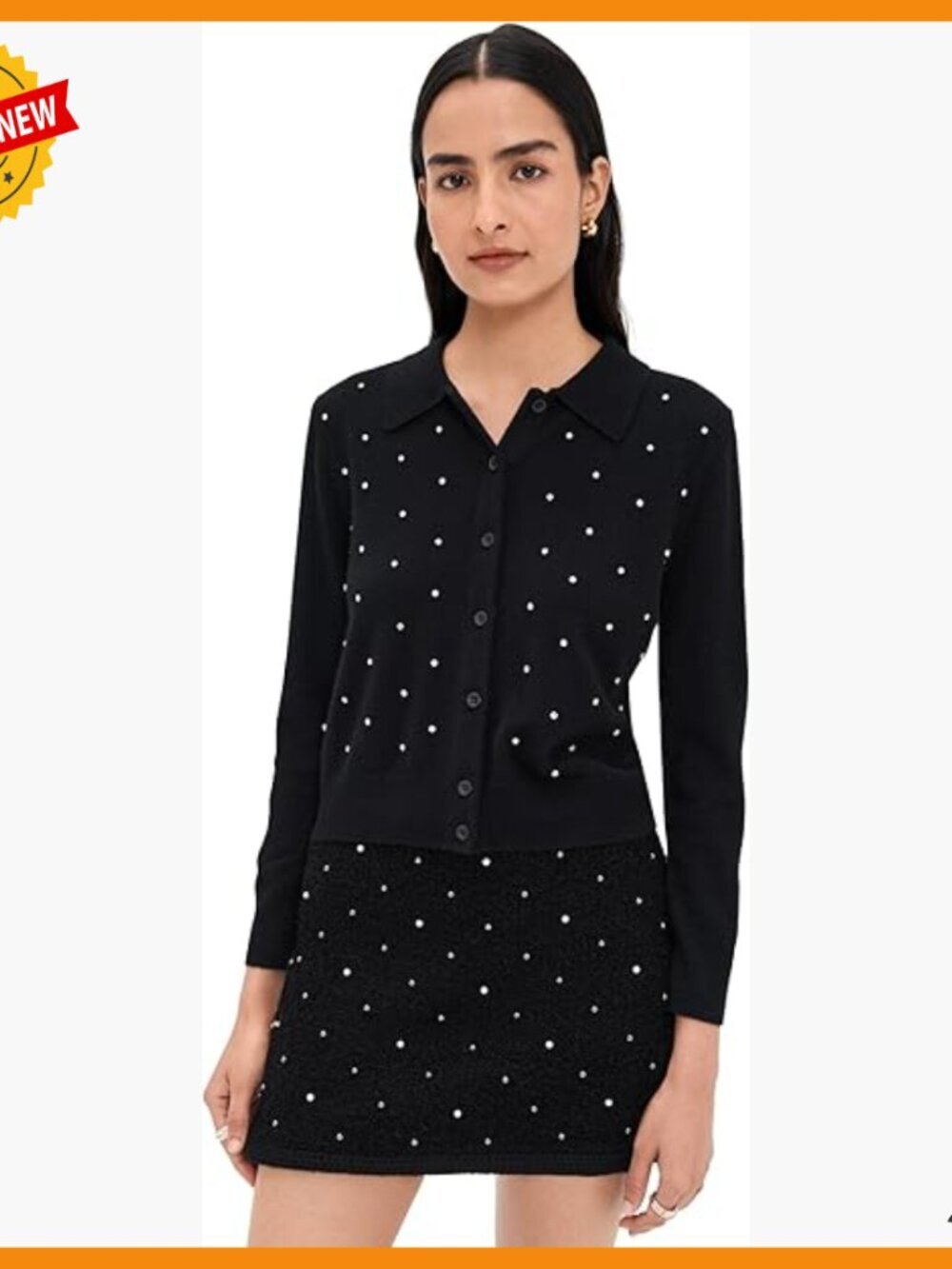 Medium Wool Cashmere Cardigan with Rhinestone Embellishments Collared Neck